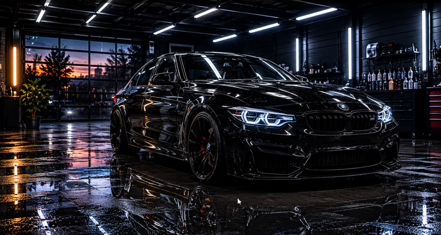 Detailed luxury car in a studio bay